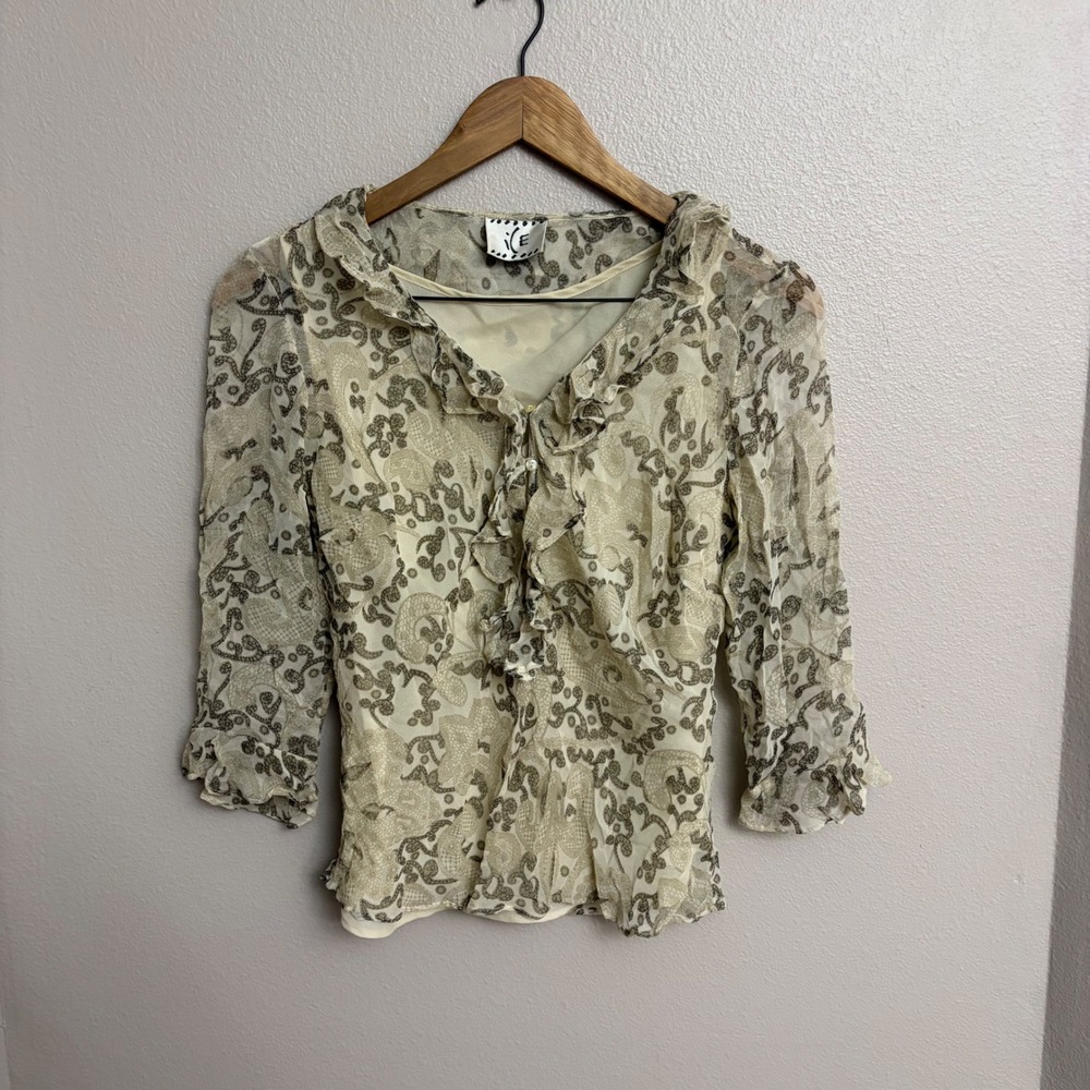 ICE‎ Ruffle Blouse Vintage Y2K Mesh Sheer Overlay Top Paisley Cream Tan